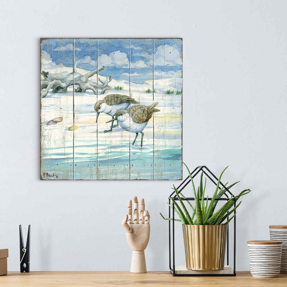 A bohemian room featuring Square painting on a faux wood background of two sandpipers grazing on the shore with driftwood i...