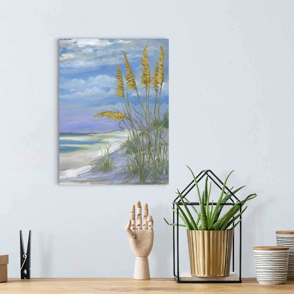 A bohemian room featuring Contemporary painting of tall beach grasses with fluffy seed heads on a sand dune.