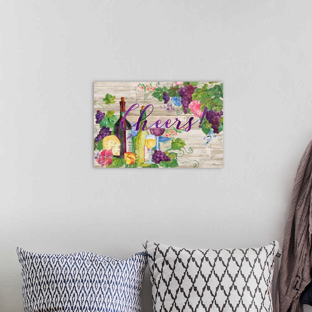 A bohemian room featuring "Cheers!" written in purple over a painting of wine, cheese, grapes, flowers, and leaves.