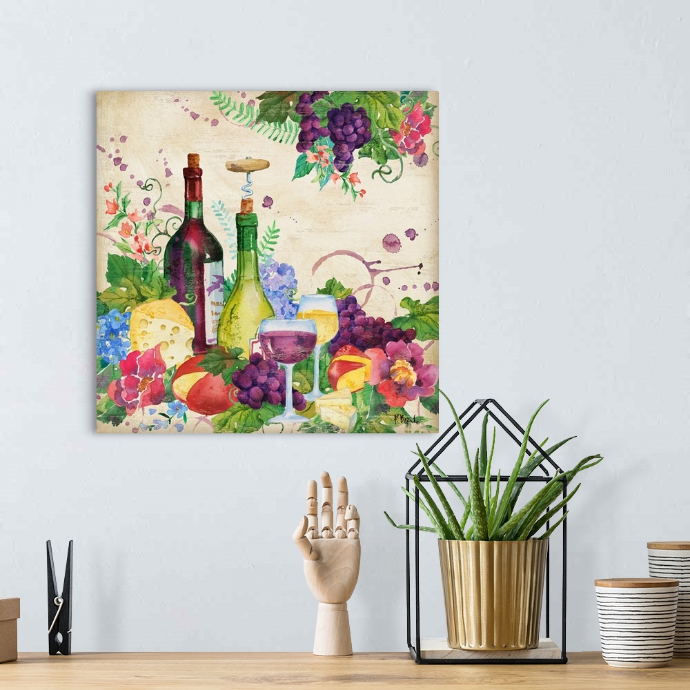 A bohemian room featuring Square decor with watercolor painted wine bottles, grapes, cheese, flowers, and greenery on a bei...