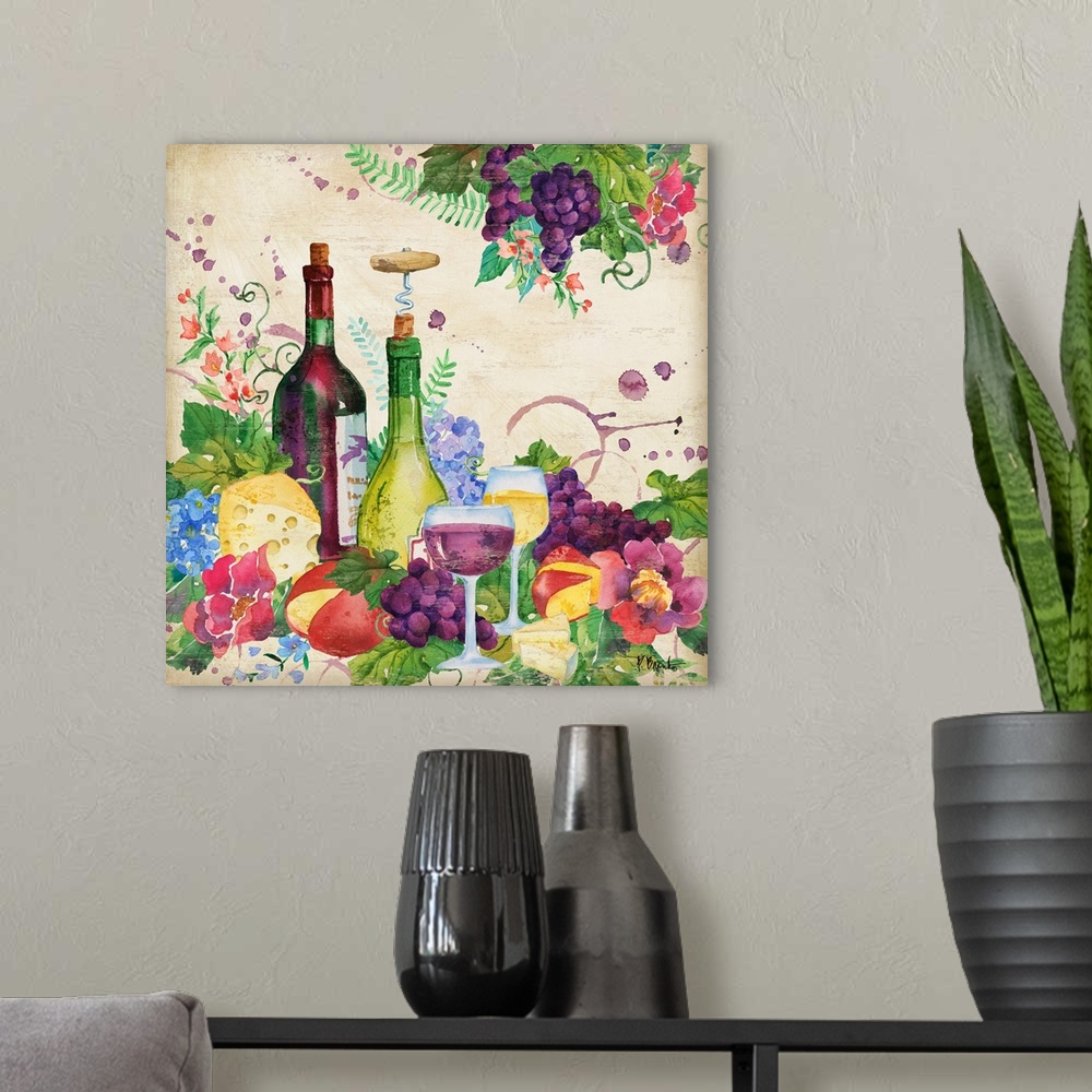 A modern room featuring Square decor with watercolor painted wine bottles, grapes, cheese, flowers, and greenery on a bei...