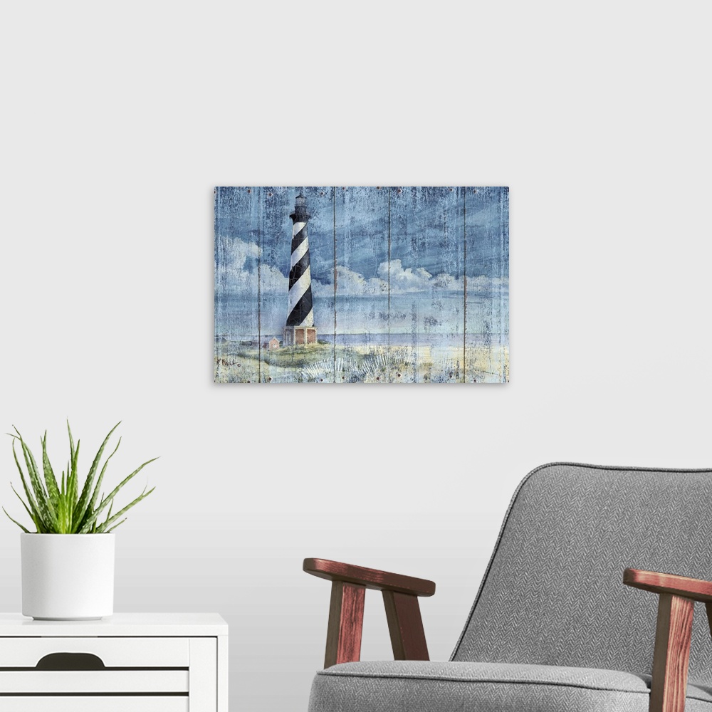 A modern room featuring Textured painting of Cape Hatteras on the Outer Banks of North Carolina.