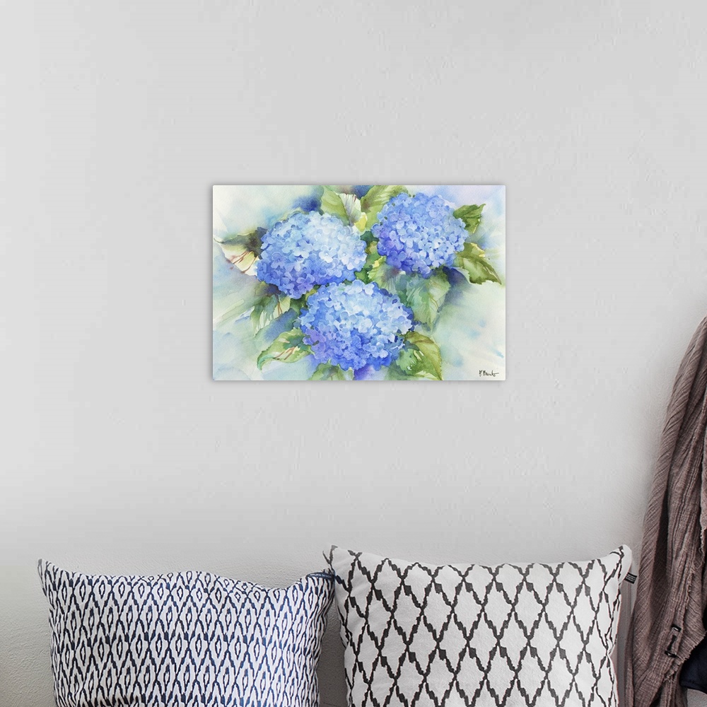 A bohemian room featuring Large watercolor painting of blue hydrangeas.
