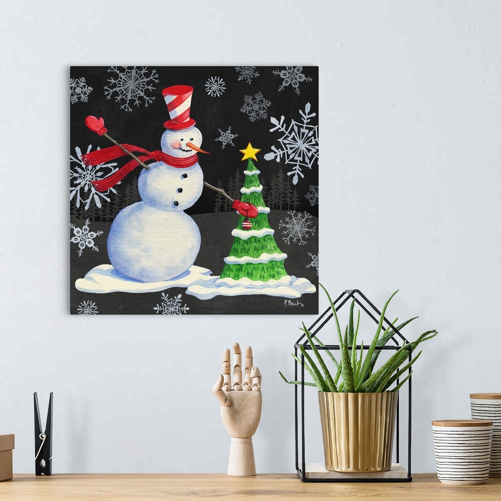 A bohemian room featuring Cute artwork of a jolly snowman surrounded by snowflakes, decorating a tree.