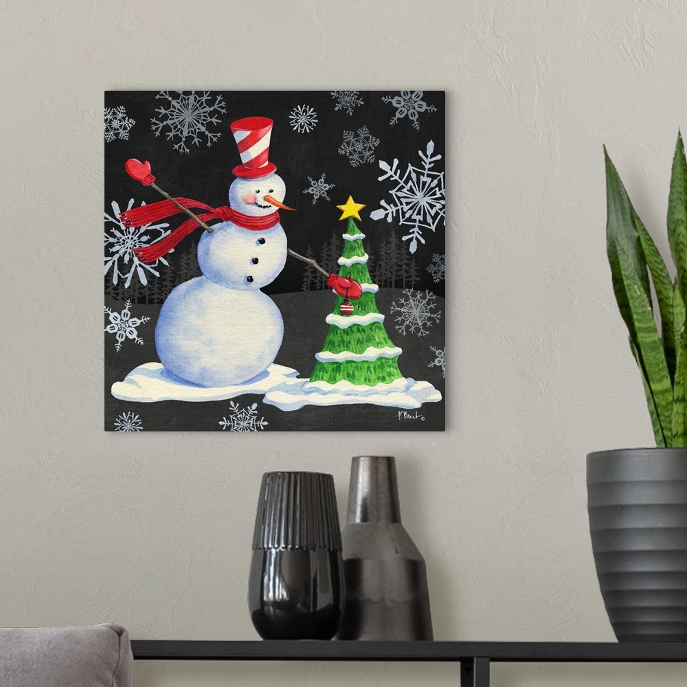 A modern room featuring Cute artwork of a jolly snowman surrounded by snowflakes, decorating a tree.