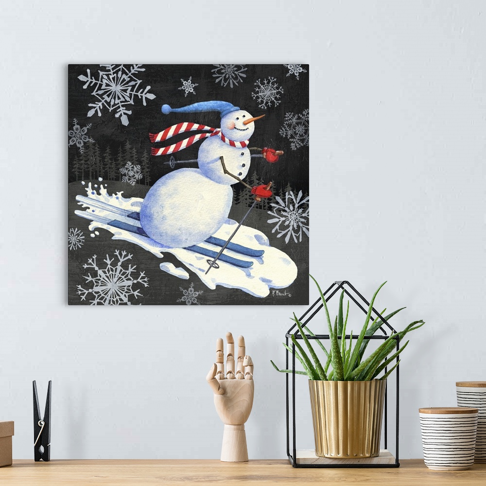 A bohemian room featuring Cute artwork of a jolly snowman surrounded by snowflakes, skiing.