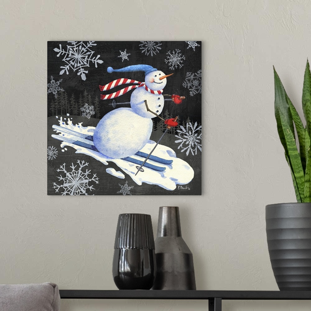 A modern room featuring Cute artwork of a jolly snowman surrounded by snowflakes, skiing.