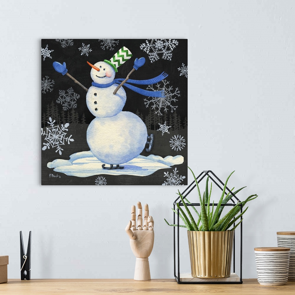 A bohemian room featuring Cute artwork of a jolly snowman surrounded by snowflakes, ice skating.