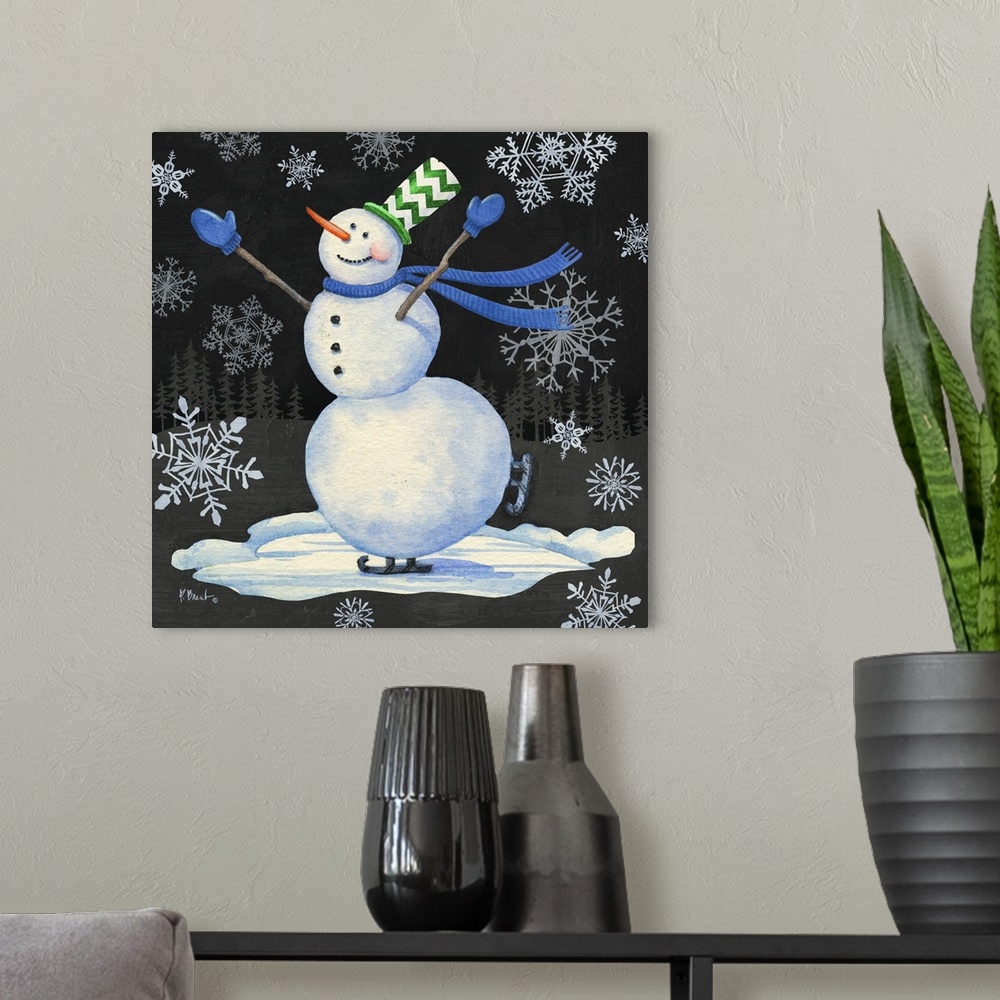 A modern room featuring Cute artwork of a jolly snowman surrounded by snowflakes, ice skating.