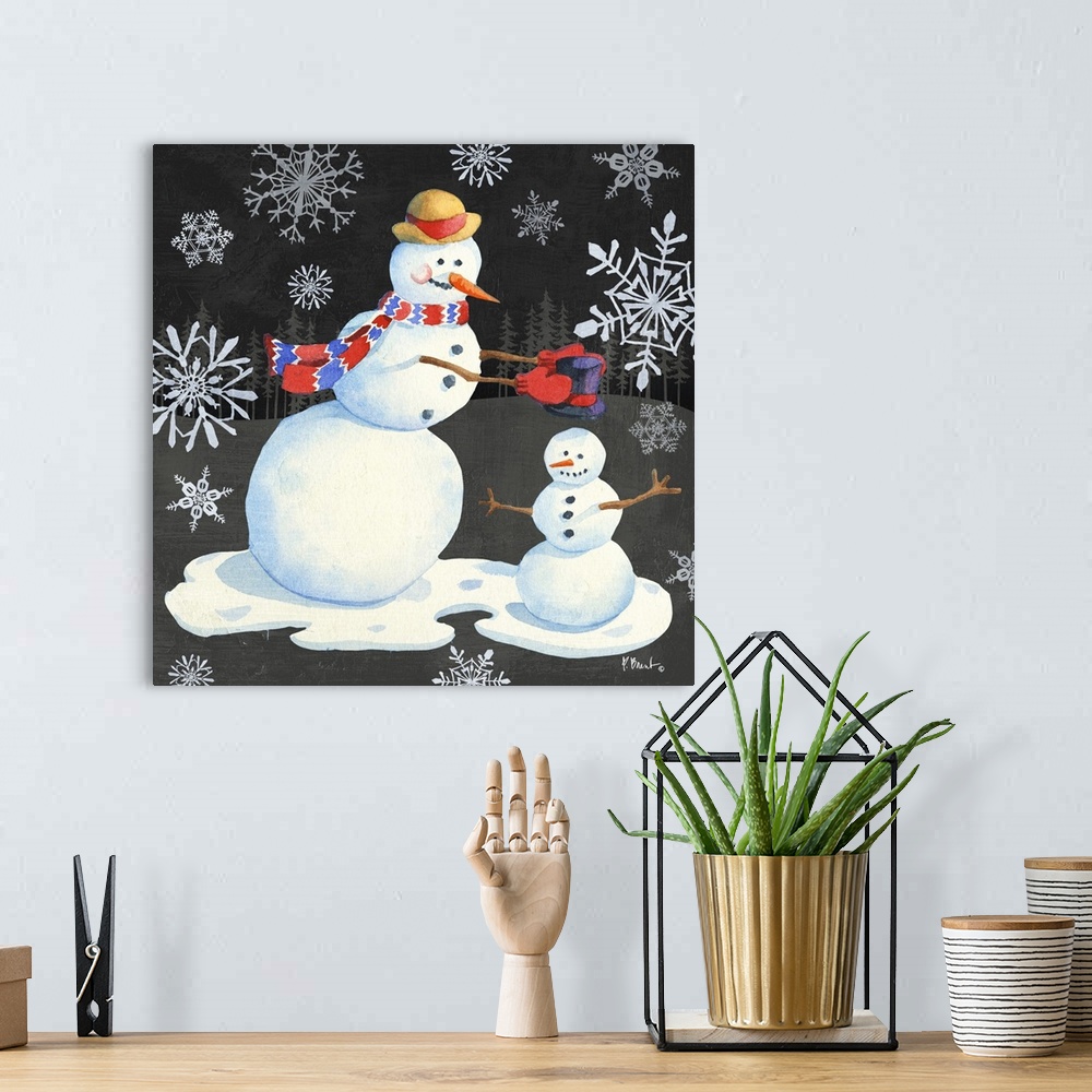 A bohemian room featuring Cute illustration of a snowman having fun in the snow.