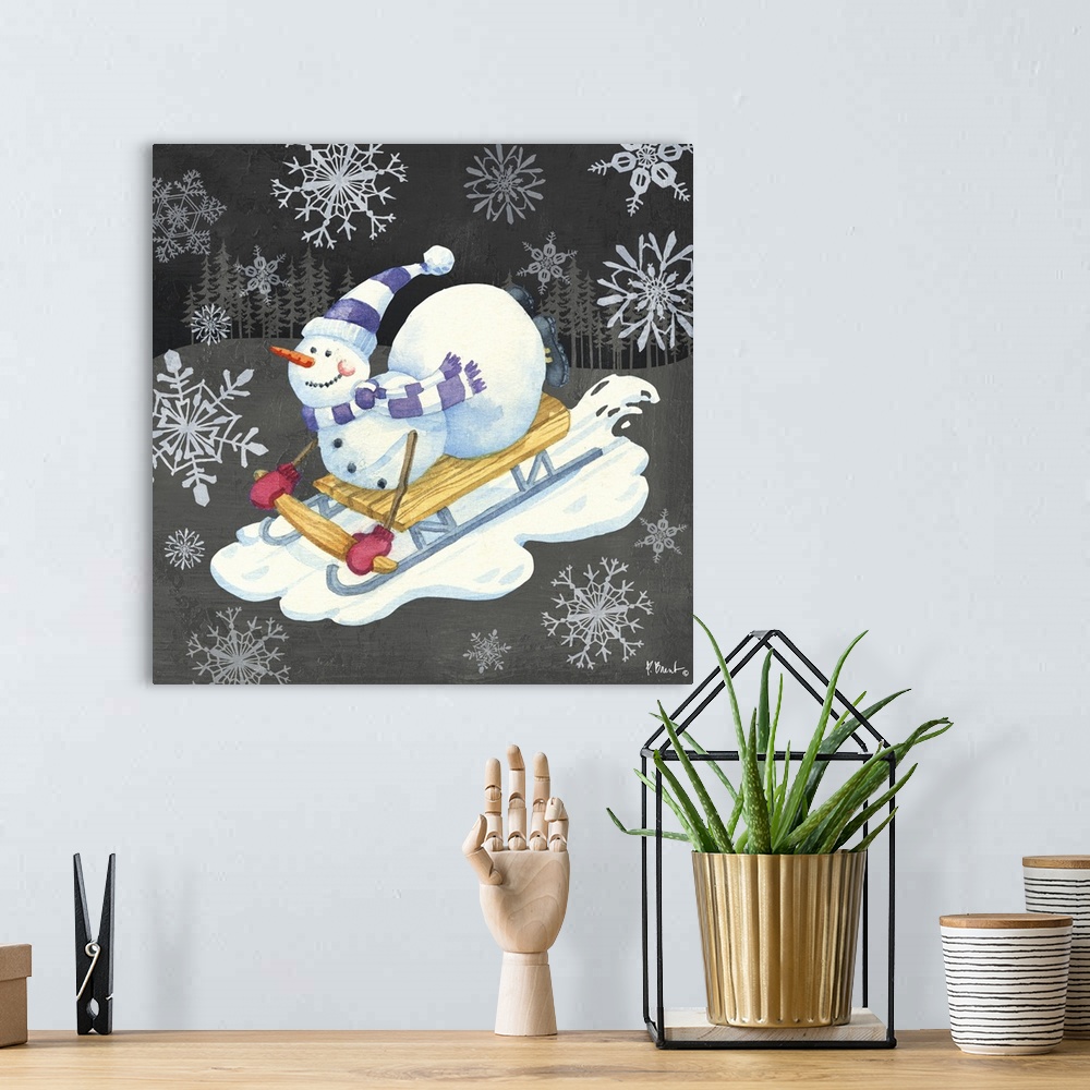 A bohemian room featuring Cute illustration of a snowman having fun in the snow.