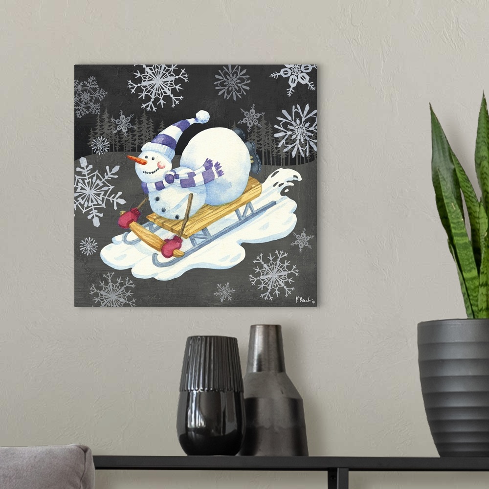 A modern room featuring Cute illustration of a snowman having fun in the snow.