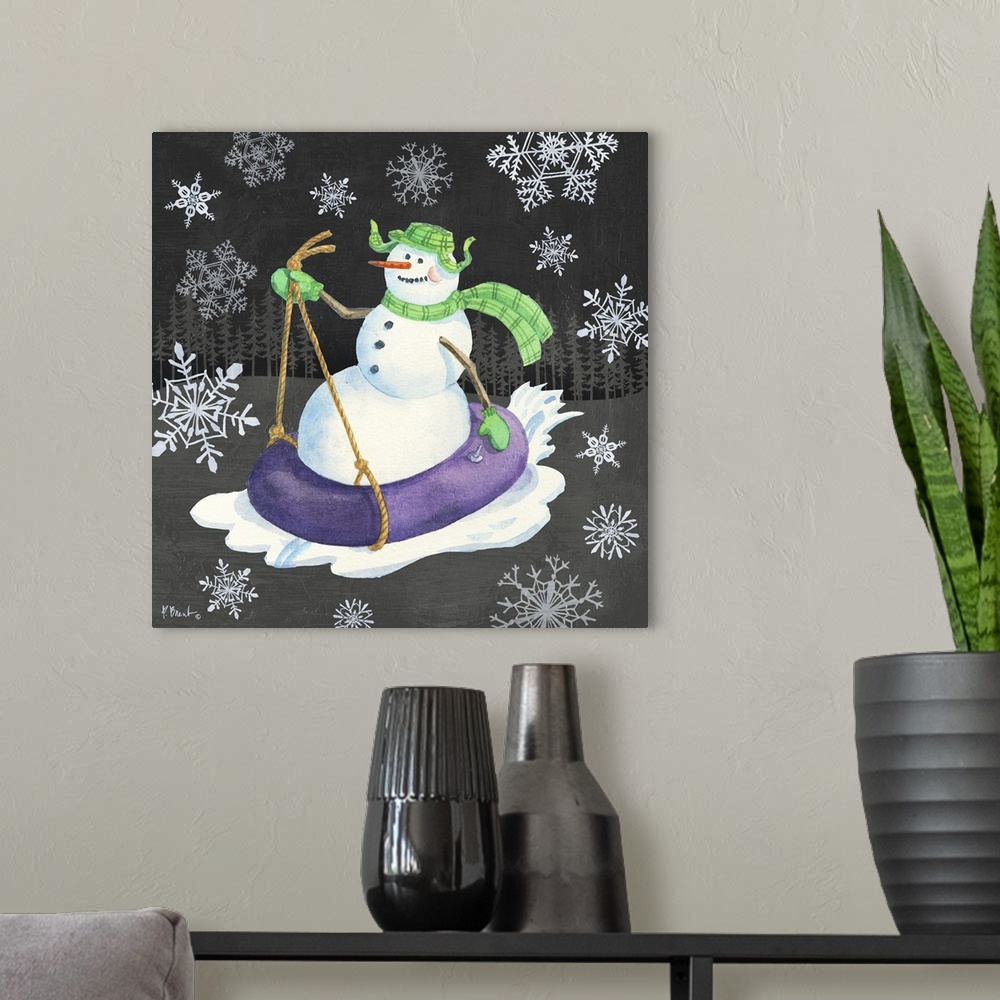 A modern room featuring Cute illustration of a snowman having fun in the snow.