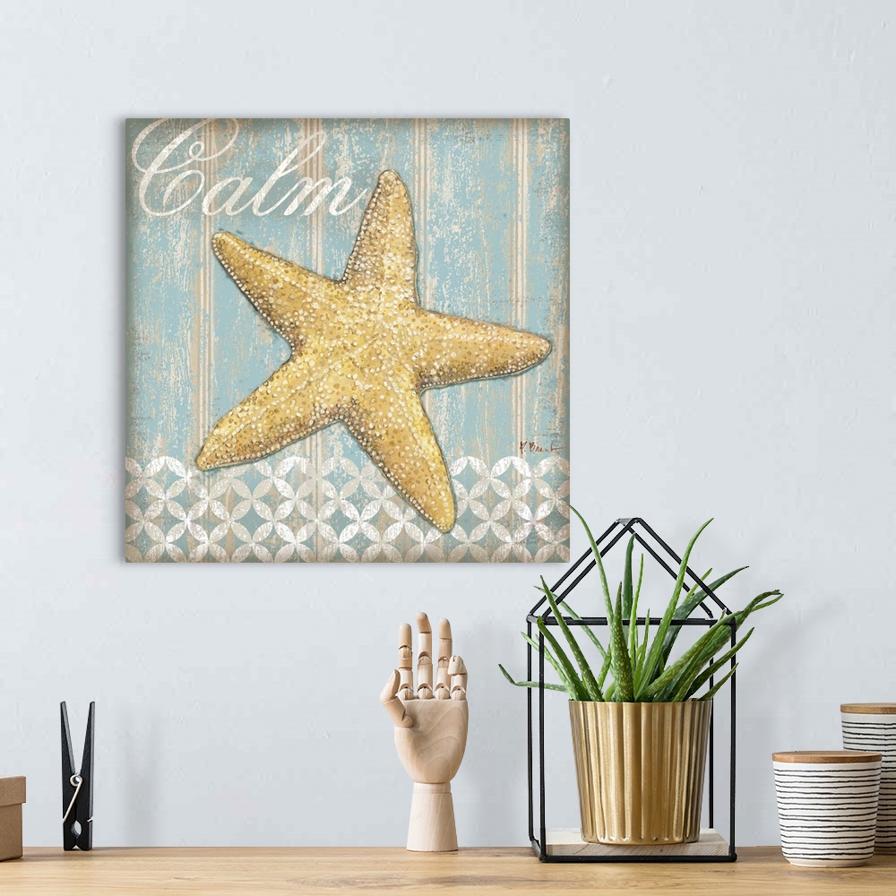 A bohemian room featuring Pastel toned painting of a star fish with the word Calm.