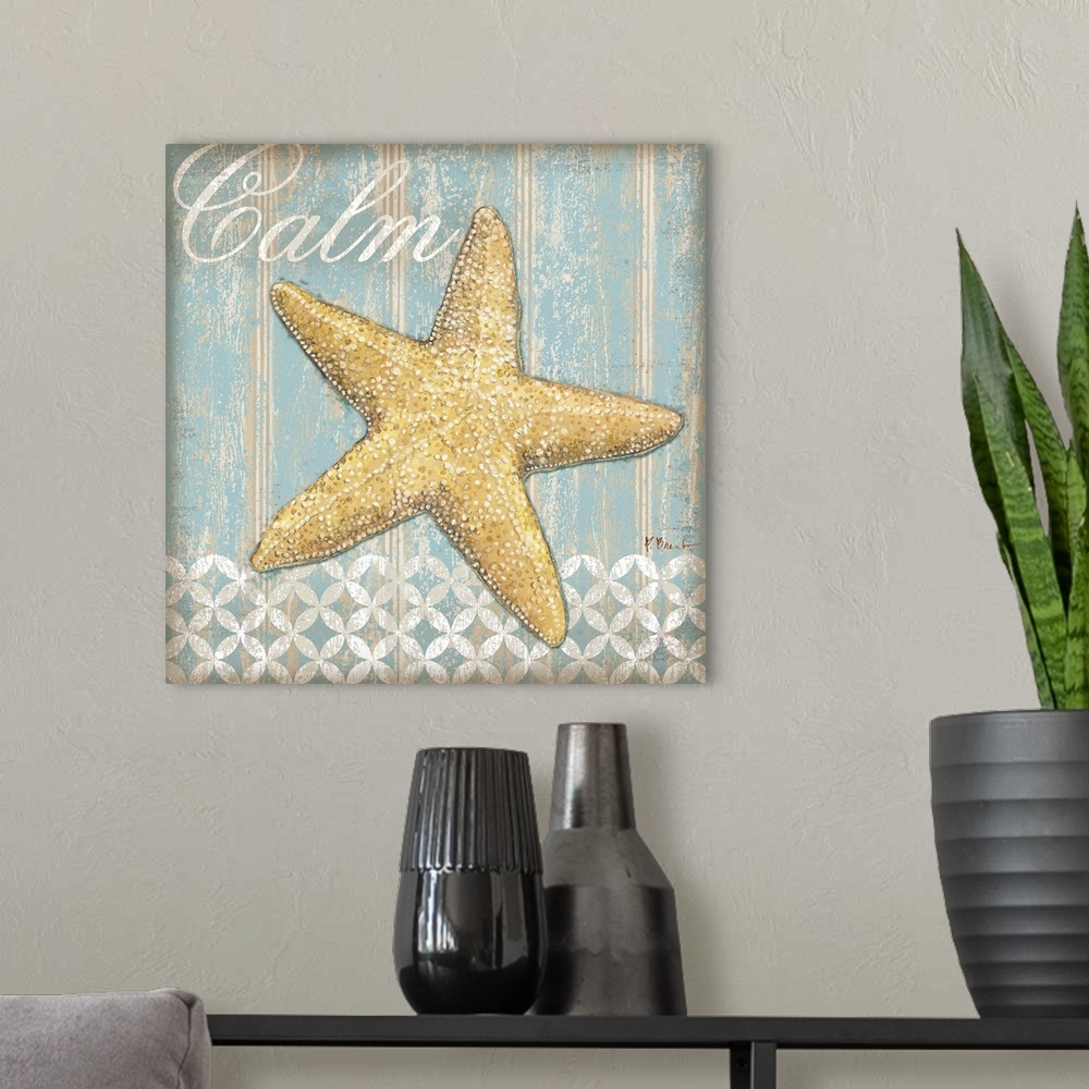 A modern room featuring Pastel toned painting of a star fish with the word Calm.