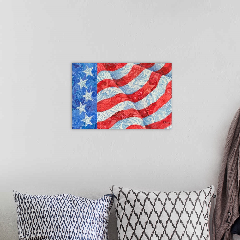 A bohemian room featuring Waving American flag with swirling patterns hidden in the stars and stripes.
