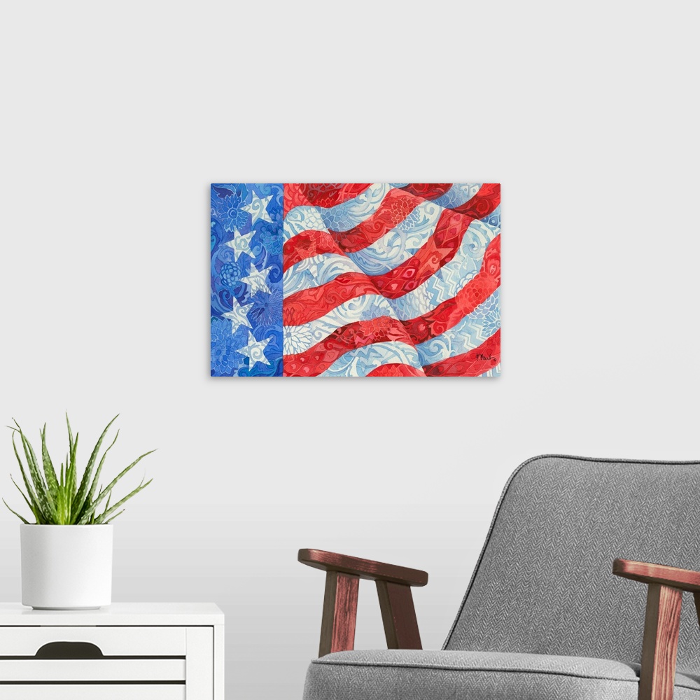 A modern room featuring Waving American flag with swirling patterns hidden in the stars and stripes.