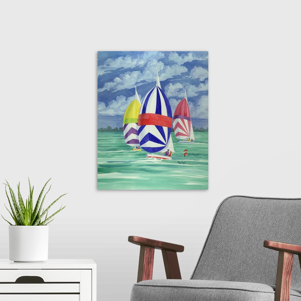 A modern room featuring Contemporary painting of three spinnaker boats with striped sails on the water.
