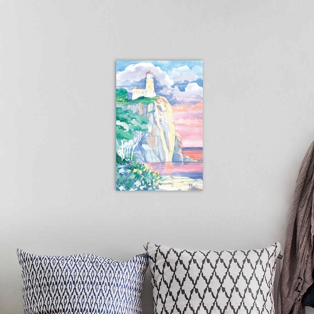 A bohemian room featuring Watercolor painting of a lighthouse on a cliff at sunset on the Great Lakes.