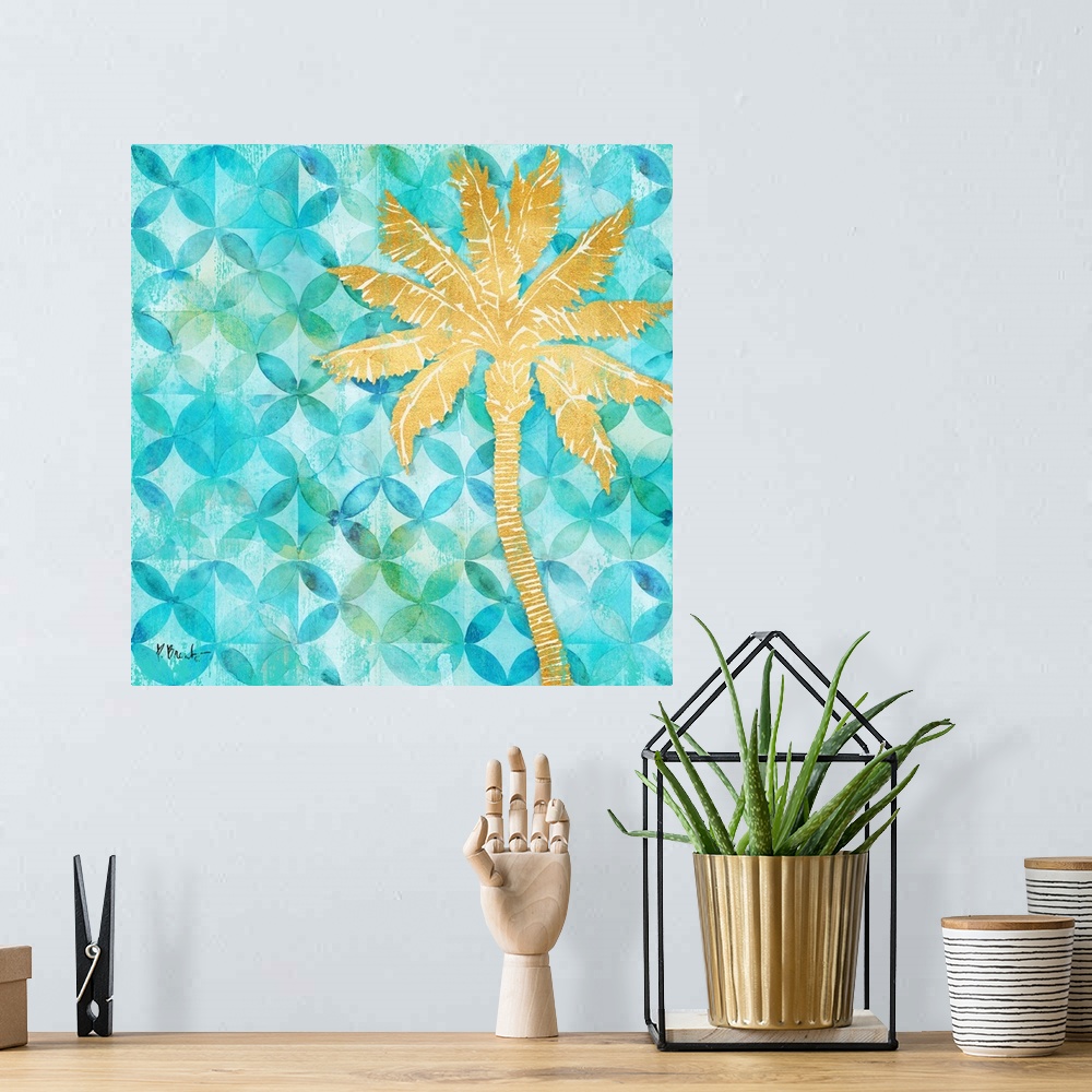 A bohemian room featuring Square decor with a metallic gold palm tree on a blue and green patterned background.
