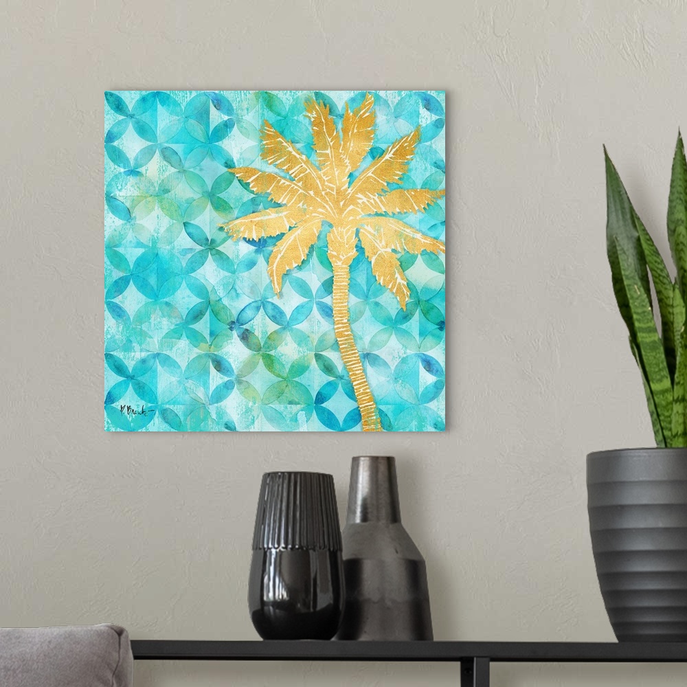 A modern room featuring Square decor with a metallic gold palm tree on a blue and green patterned background.