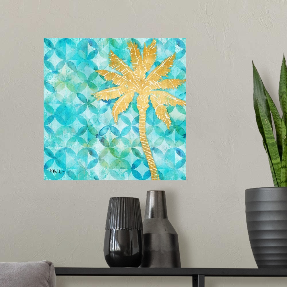 A modern room featuring Square decor with a metallic gold palm tree on a blue and green patterned background.