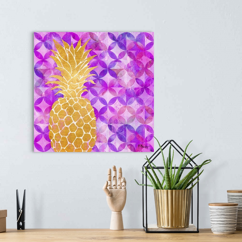 A bohemian room featuring Square decor with a metallic gold pineapple on a purple and pink patterned background.