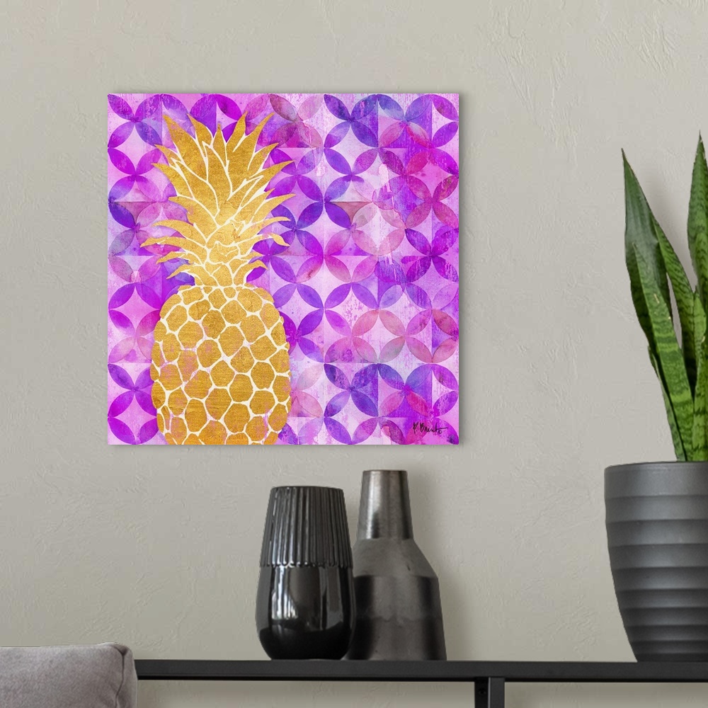 A modern room featuring Square decor with a metallic gold pineapple on a purple and pink patterned background.