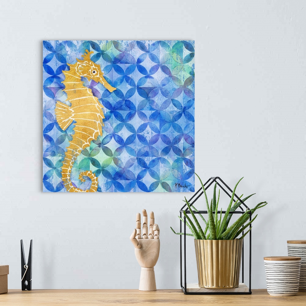 A bohemian room featuring Square decor with a metallic gold seahorse on a blue patterned background with hints of green and...