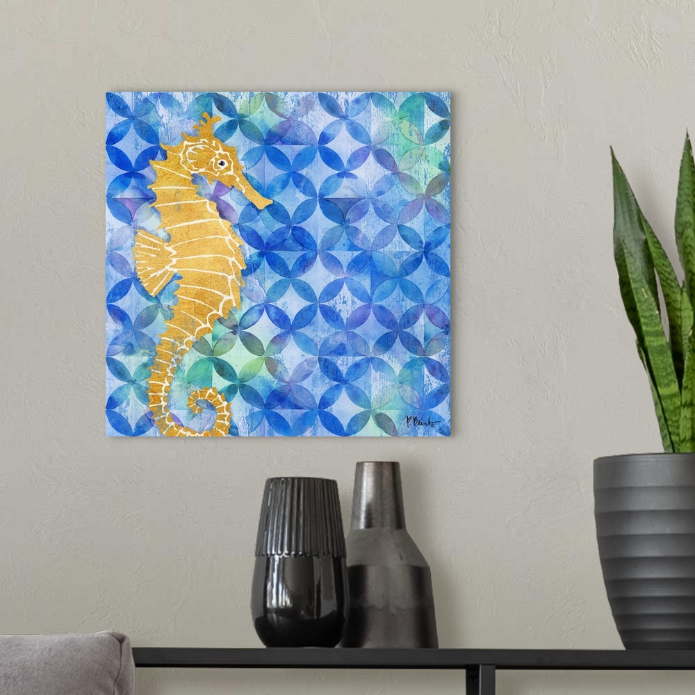 A modern room featuring Square decor with a metallic gold seahorse on a blue patterned background with hints of green and...