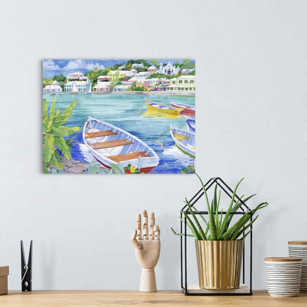 A bohemian room featuring Painting of several boats docked in a tropical harbor.