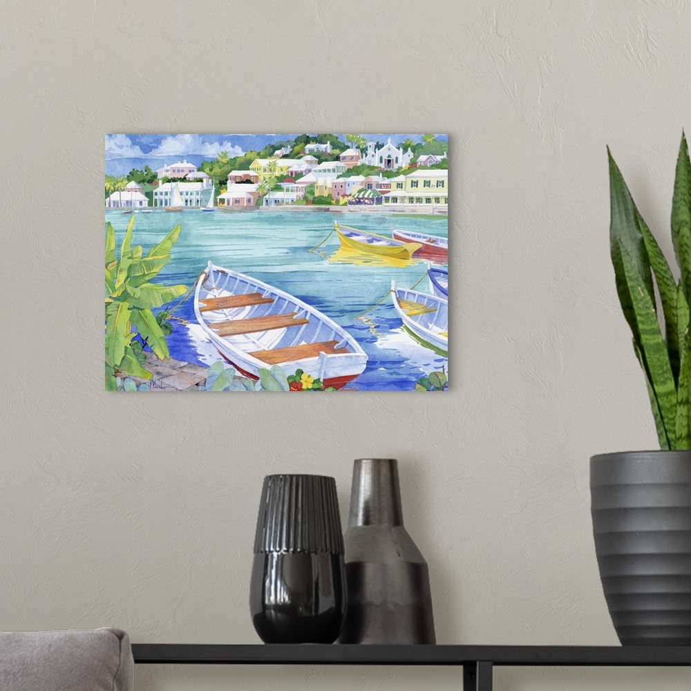 A modern room featuring Painting of several boats docked in a tropical harbor.