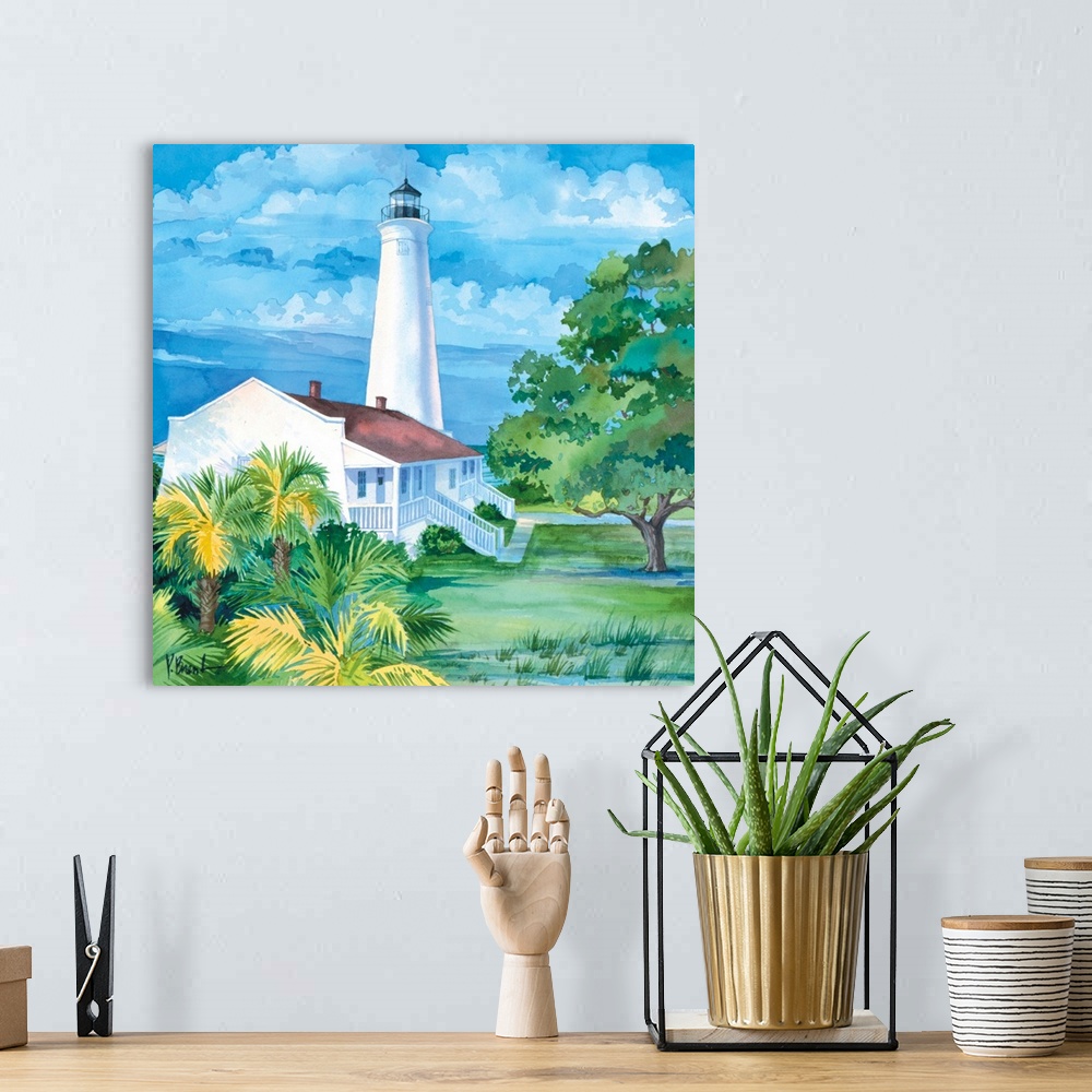 A bohemian room featuring Watercolor painting of a lighthouse with an attached house near some palm trees in Florida.