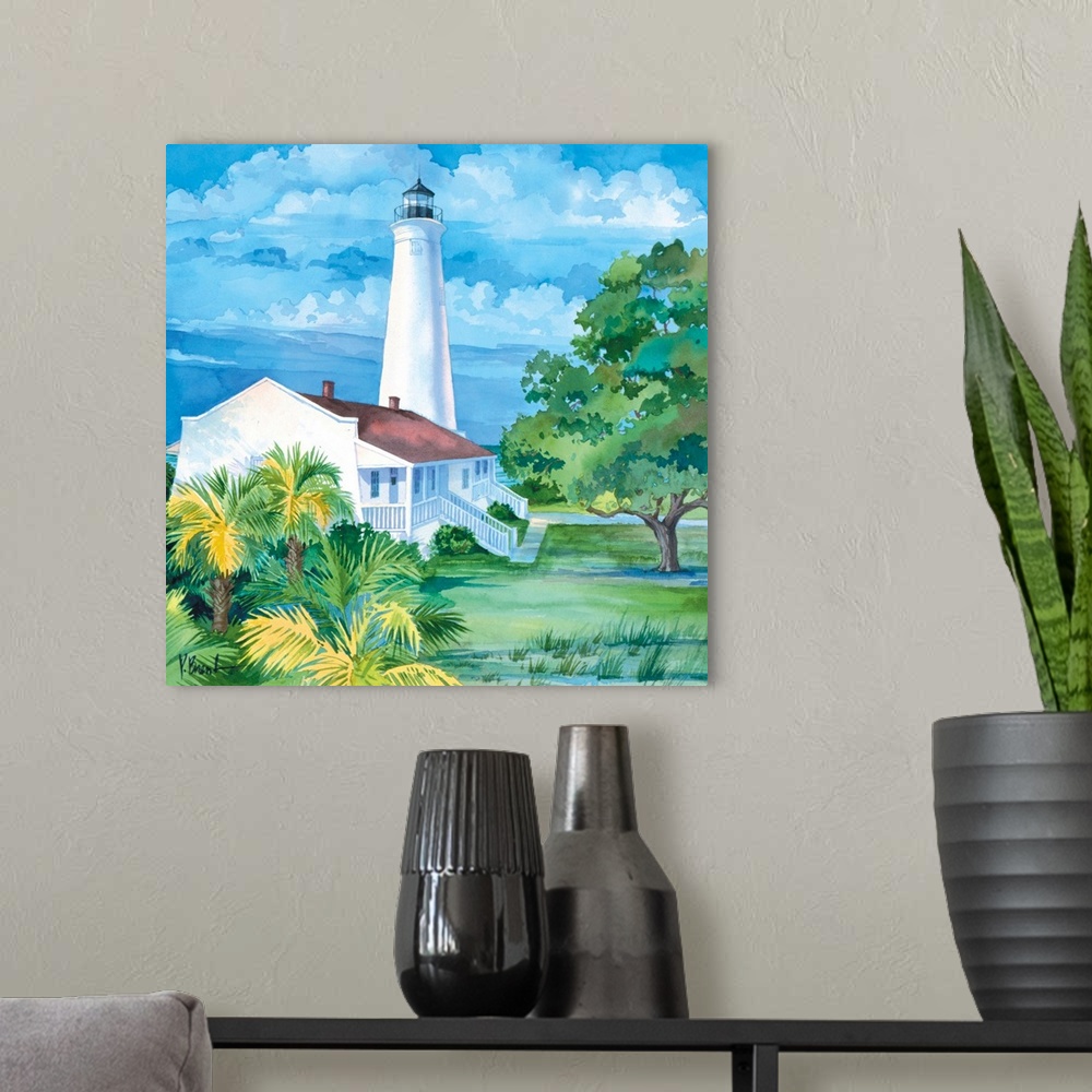 A modern room featuring Watercolor painting of a lighthouse with an attached house near some palm trees in Florida.