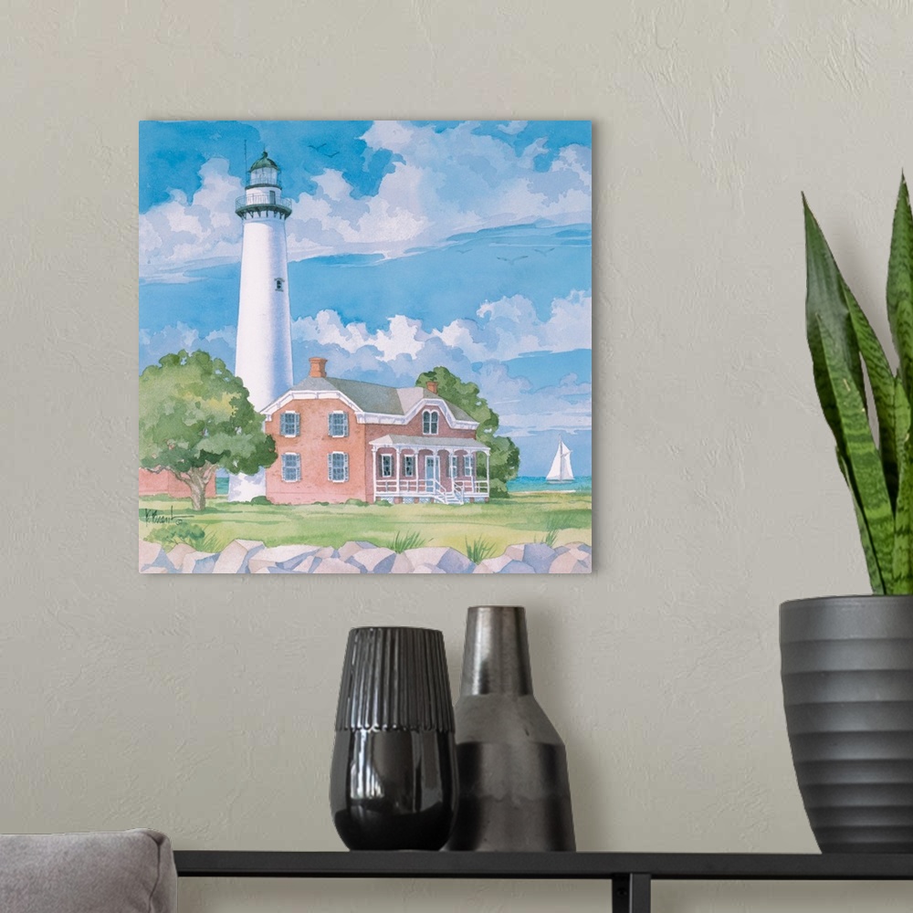 A modern room featuring Contemporary painting of a lighthouse against a cloudy sky in Georgia.