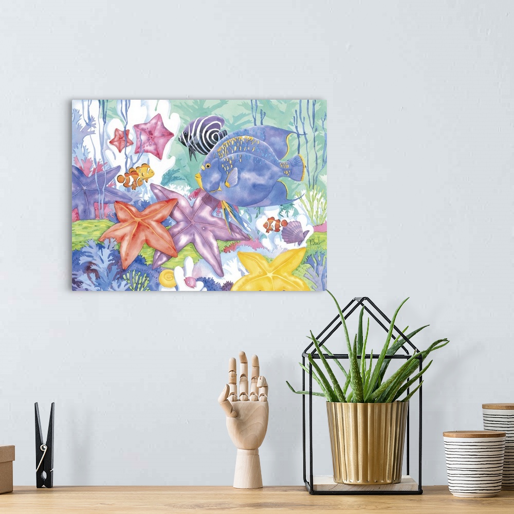A bohemian room featuring Contemporary painting of an underwater scene with starfish and tropical fish.