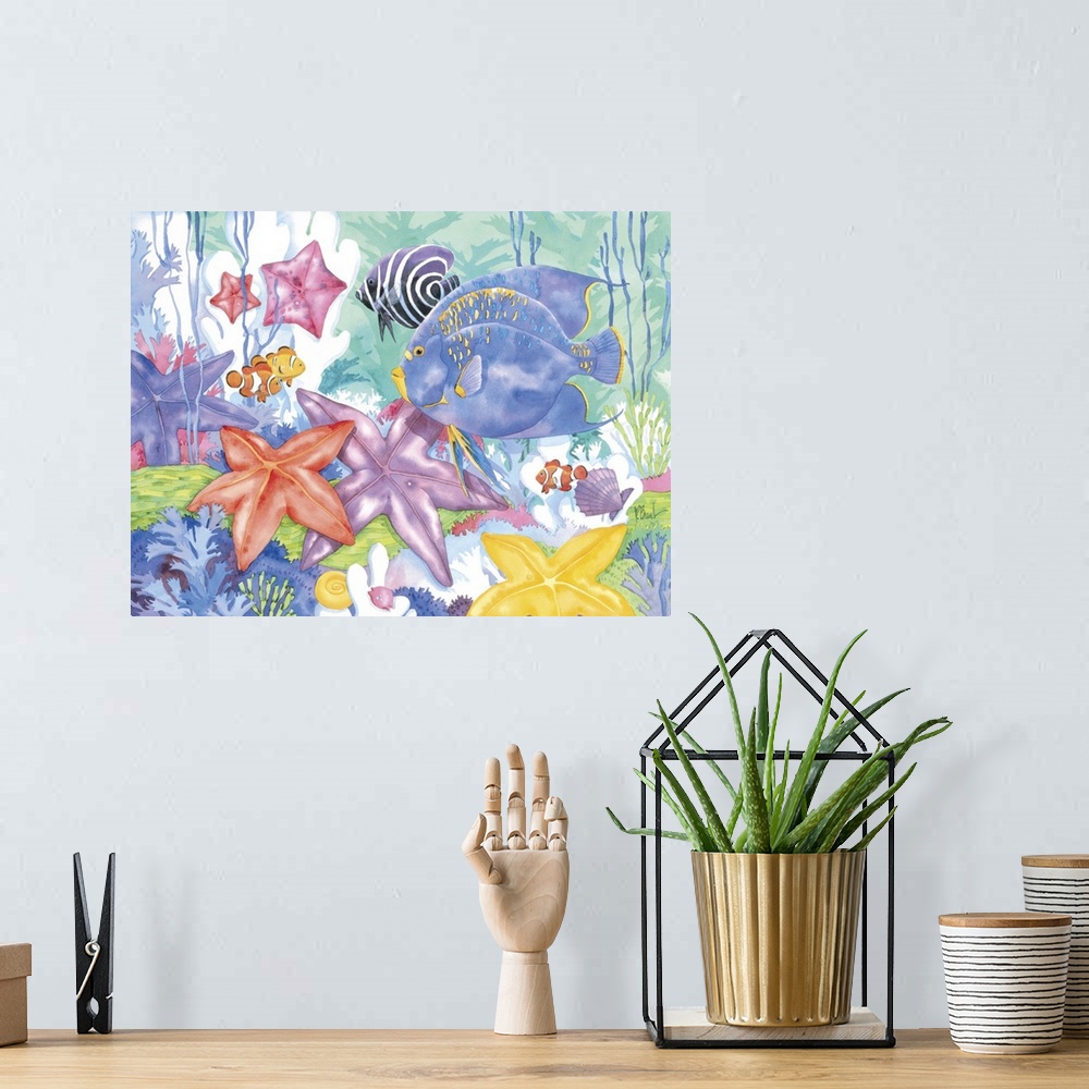 A bohemian room featuring Contemporary painting of an underwater scene with starfish and tropical fish.