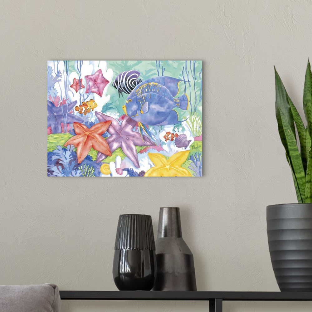 A modern room featuring Contemporary painting of an underwater scene with starfish and tropical fish.