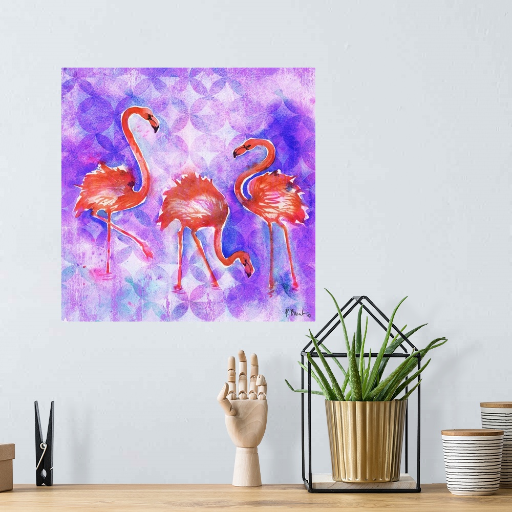 A bohemian room featuring Square watercolor painting of three flamingos on a purple and pink patterned background.