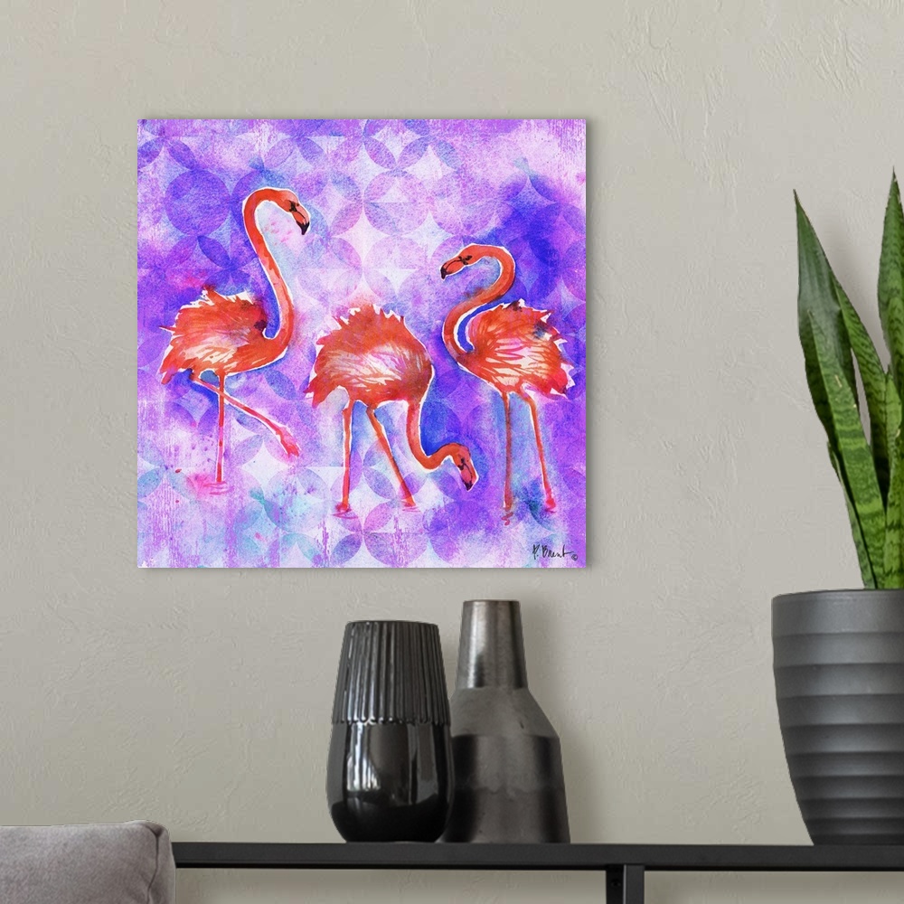 A modern room featuring Square watercolor painting of three flamingos on a purple and pink patterned background.