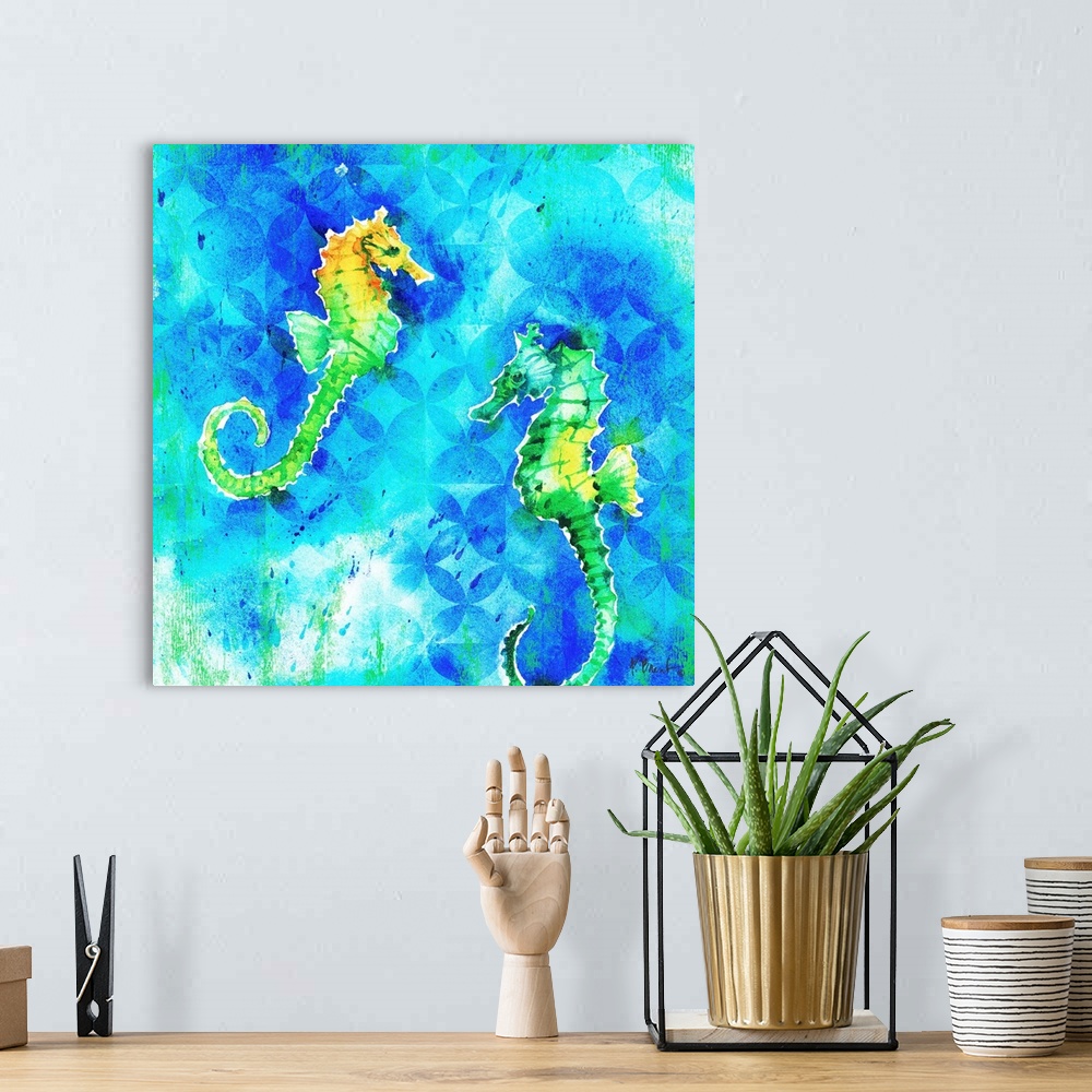 A bohemian room featuring Square watercolor painting of two green and yellow seahorses on a blue and green patterned backgr...