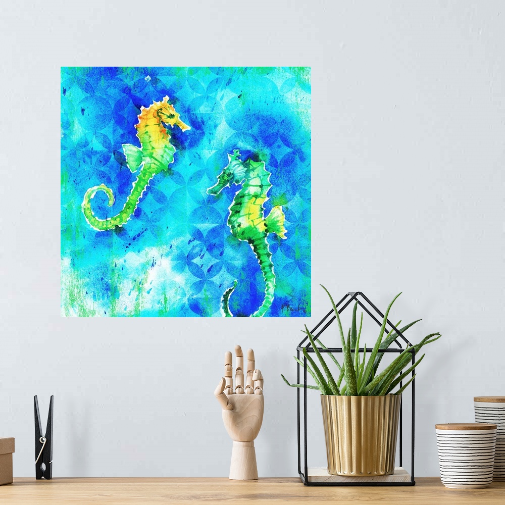 A bohemian room featuring Square watercolor painting of two green and yellow seahorses on a blue and green patterned backgr...
