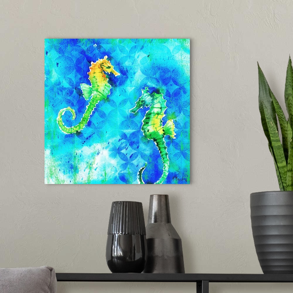 A modern room featuring Square watercolor painting of two green and yellow seahorses on a blue and green patterned backgr...