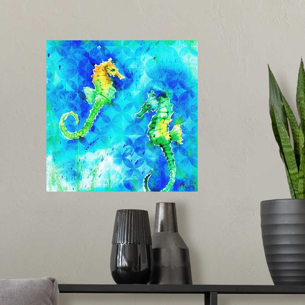 A modern room featuring Square watercolor painting of two green and yellow seahorses on a blue and green patterned backgr...