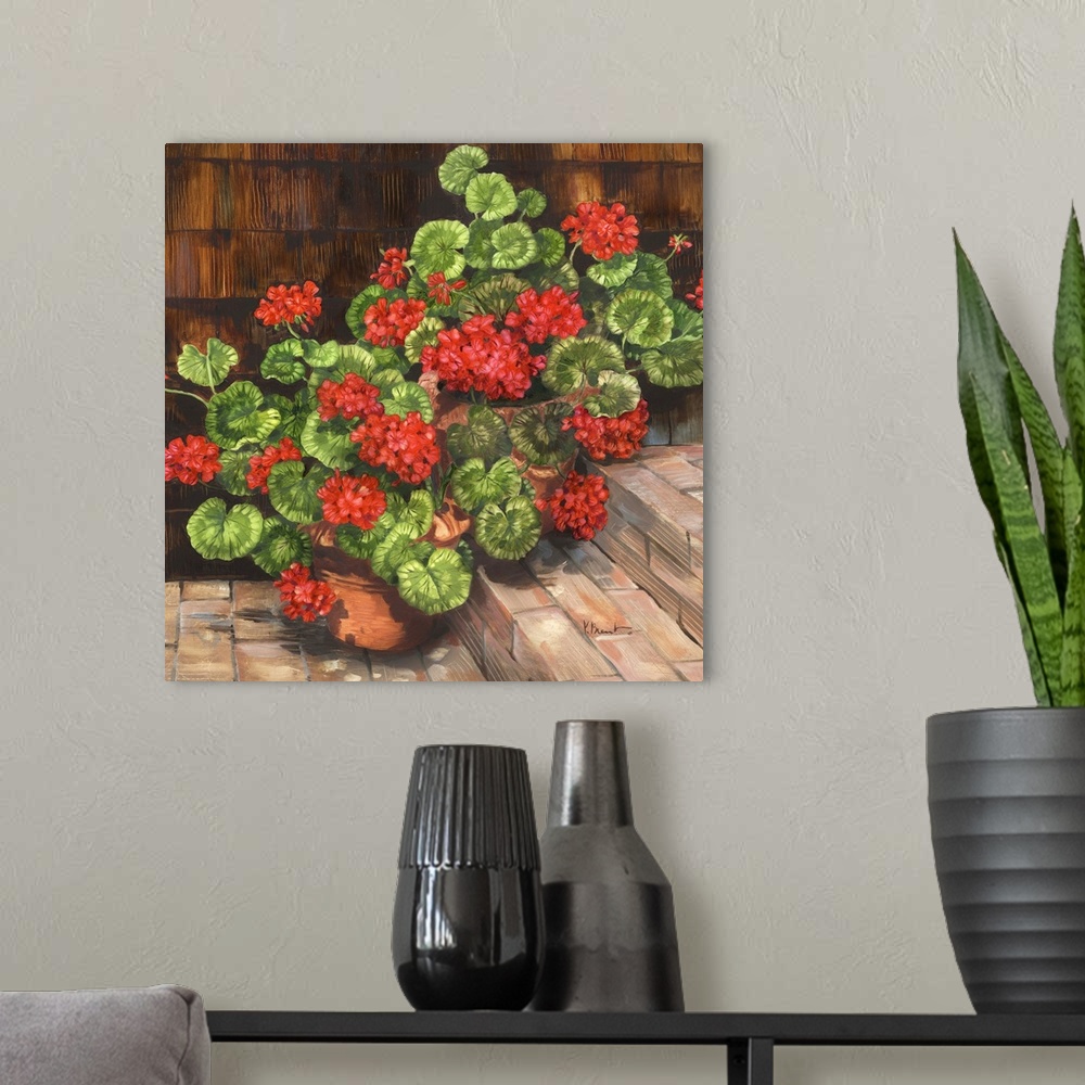 A modern room featuring Contemporary painting of a group of potted geraniums on brick stairs.