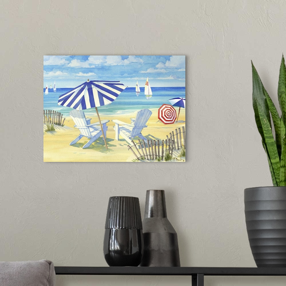 A modern room featuring Watercolor painting of a peaceful ocean scene with striped umbrellas and beach chairs in the sand.