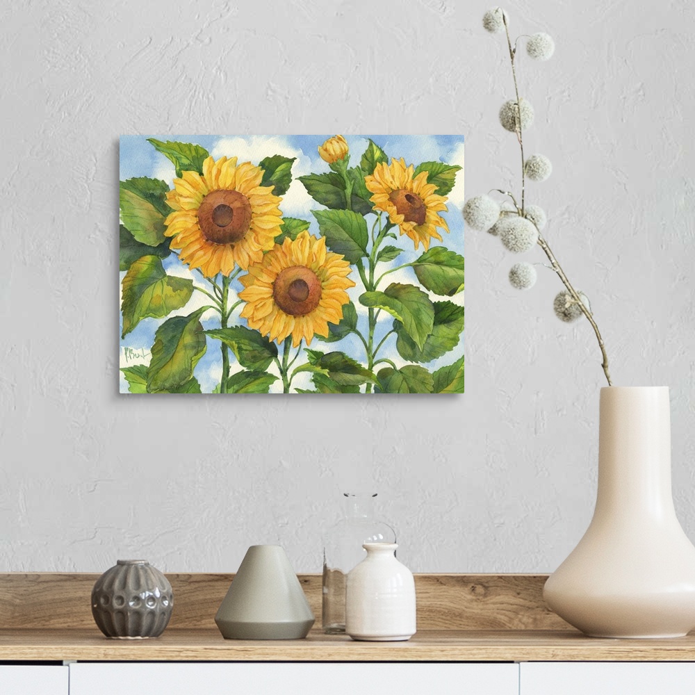 A farmhouse room featuring Trio of sunflowers with broad leaves against the sky.