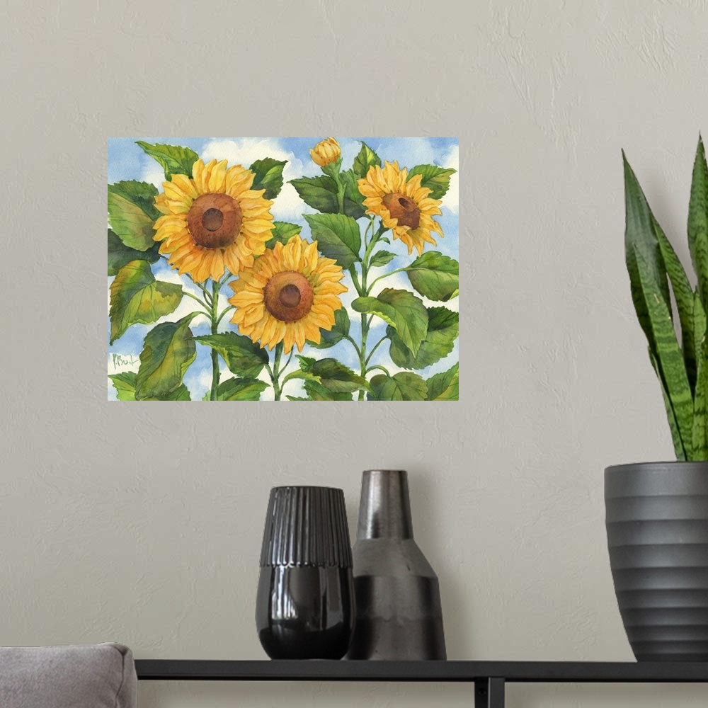 A modern room featuring Trio of sunflowers with broad leaves against the sky.
