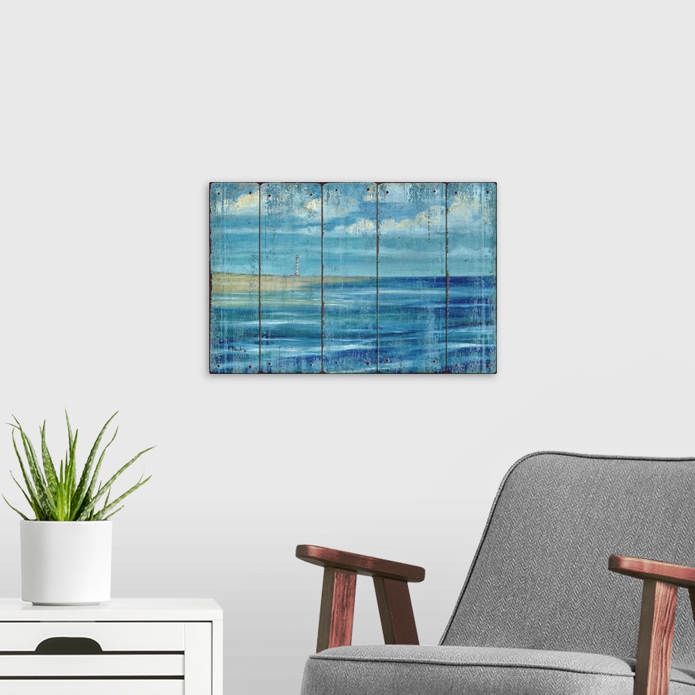 A modern room featuring Contemporary artwork of a lighthouse on the coast, seen across the ocean under a cloudy sky on a ...