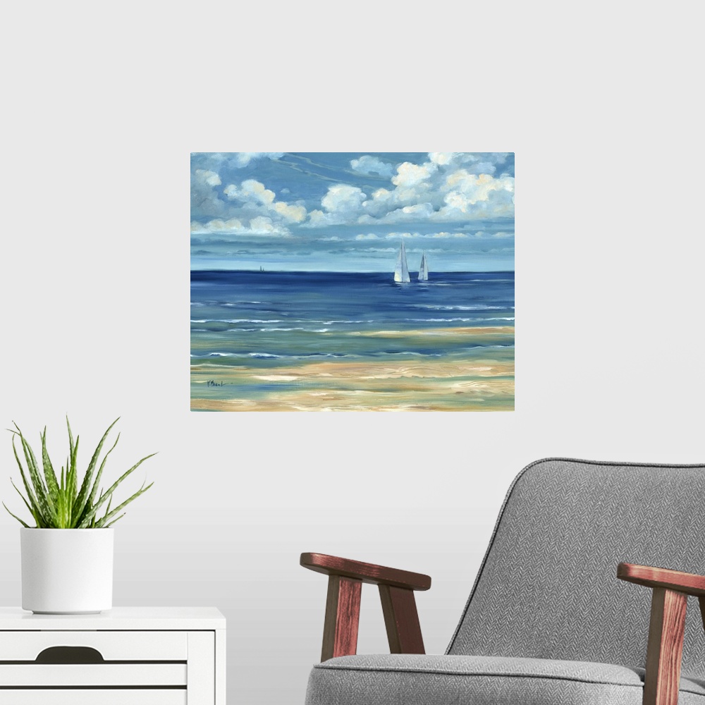 A modern room featuring Contemporary landscape painting of a deep blue ocean with white clouds overhead.